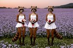 anthro bottomless bouquet clothed clothing dress female female/female flower flower_bouquet flower_field genitals group looking_at_viewer plant pussy smile standing sundress trio denis0k mammal procyonid raccoon
