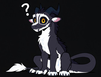 4_toes 5_fingers big_eyes black_background black_body black_claws black_fur black_horn black_sclera chibi claws feet feral fingers fur horn looking_at_viewer male question_mark simple_background sitting sitting_on_ground solo tail_tuft toes tuft white_body white_fur yellow_eyes adragocult felkin mammal absurd_res hi_res