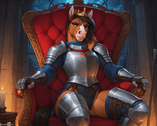 angry anthro armor blue_eyes chair clothing crown female furniture gauntlets gloves handwear looking_at_viewer night plate plate_armor royalty solo thick_thighs throne wide_hips ivorymane equid equine horse mammal watermark