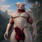 anthro big_penis bodily_fluids erection genital_fluids genitals highlights_(coloring) horn huge_penis humanoid_genitalia humanoid_penis looking_at_viewer male muscular outside penis precum red_eyes red_highlights red_penis scales solo solo_focus thick_thighs white_body white_scales alcholoicidiot the_dark_urge dragon dragonborn_(dnd) scalie