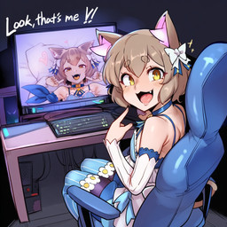 chair clothed clothing computer crossdressing dialogue furniture inner_ear_fluff looking_at_viewer male open_mouth open_smile smile smiling_at_viewer solo text tuft anonymous_director re:zero ferris_argyle animal_humanoid felid felid_humanoid feline feline_humanoid humanoid mammal mammal_humanoid english_text