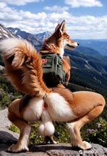 anthro anus backpack backsack balls big_butt brown_body brown_fur butt cheek_tuft clothing crouching detailed_background ears_up facial_tuft femboy flirting fluffy fluffy_tail fur genitals looking_at_viewer looking_back looking_back_at_viewer male mountains nature nature_background nude orange_eyes outdoor_nudity outside photorealism photorealistic presenting presenting_anus presenting_hindquarters realistic realistic_fur realistic_lighting saggy_balls smile solo tail_motion tailwag tan_body tan_fur topwear tuft vest white_body white_fur wide_hips anonymous_director canid canine canis coyote mammal animated attempted_signature hi_res webm