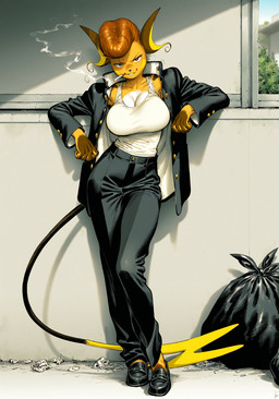 anthro anthrofied arm_support big_breasts breasts brown_eyes brown_hair cigarette cleavage clothed clothing crossdressing dress_pants female footwear front_view frown_eyebrows fur gakuran hair jacket japanese_school_uniform leaning leaning_on_elbow leaning_on_wall loafers looking_at_viewer open_clothing open_jacket open_topwear outside plantigrade pompadour school_uniform shirt shoes smile smirk smoking solo standing tank_top thin_tail topwear uniform yellow_body yellow_fur unknown_director nintendo pokemon generation_1_pokemon mammal pokemon_(species) raichu rodent full-length_portrait hi_res portrait