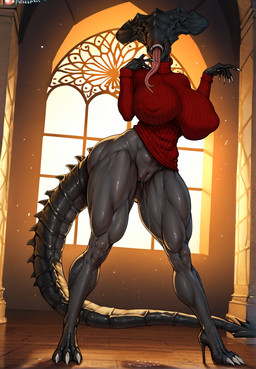 anthro areola big_areola big_breasts breasts clothing female solo sweater tall_female thick_thighs topwear surikat alien xenomorph xenomorph_queen hi_res