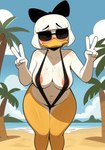 absurd_res accessory anatid anseriform anthro areola areola_slip avian bangs beach beak big_breasts bikini bird blush bodily_fluids bow_(feature) bow_ribbon breasts clothed clothing cloud9999 daisy_duck disney double_v_sign duck ducktales ducktales_(2017) embarrassed eyewear feathers female frown furrowed_brow gesture glistening hair hair_accessory hair_bow hair_ribbon hi_res knock-kneed leaning leaning_forward navel nipples non-mammal_breasts non-mammal_nipples orange_legs ribbons seaside short_hair skimpy slightly_chubby sling_bikini solo sunglasses sweat swimwear thick_thighs v_sign wavy_mouth white_body white_feathers wide_hips worried