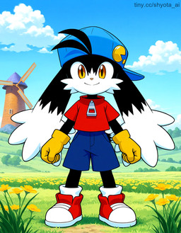 anthro black_body black_fur blue_clothing blue_hat blue_headwear blue_sky clothing cloud footwear fur gloves handwear hat headgear headwear long_ears male plains red_clothing red_footwear red_shirt red_shoes red_topwear shirt shoes sky smile smiling_at_viewer solo topwear windmill yellow_clothing yellow_gloves yellow_handwear young_anthro bandai_namco klonoa_(series) klonoa hi_res