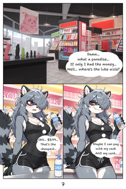 anthro black_body black_clothing black_fur black_shirt black_topwear clothing dildo ear_piercing female fluffy fur grey_body grey_fur hair lube lube_bottle messy_hair piercing purple_eyes sex_toy shirt solo store teeth teeth_showing topwear white_body white_fur lead_acid maple_(lead_acid) mammal procyonid raccoon comic hi_res