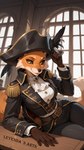 anthro black_bottomwear black_clothing black_pants bottomwear clothing coat female fur long_tail looking_at_another multicolored_body multicolored_fur pants pirate pirate_hat pose ship shirt sitting_at_table smile solo tail topwear two_tone_body two_tone_fur vehicle watercraft white_clothing white_shirt white_topwear leyendas_arts alice_the_vixen canid canine fox mammal hi_res