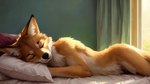 anthro bed bedding bedroom black_nose canid canine canis chest_tuft coyote eyes_closed furniture inside male mammal sleeping smiley solo tuft window