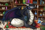 after_vore belly belly_bulge black_body blue_eyes claws cute_fangs female feral grey_belly horn inside outline potion_bottle purple_wings rug satisfied_expression spines vore wing_claws wings loganth dragon