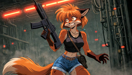 5_fingers angry anthro belt black_clothing black_nose black_shirt black_tank_top black_topwear bodily_fluids bottomwear breasts claws cleavage clenched_teeth clothed clothing countershading crop_top cutoffs denim denim_bottomwear denim_clothing detailed_background dipstick_tail dirty dust female fingers front_view fur gloves_(marking) gun hair holding_gun holding_object holding_weapon hotpants inside jewelry kemono markings midriff multicolored_body multicolored_fur navel necklace orange_body orange_fur orange_hair ranged_weapon rifle scared shirt short_hair shorts solo sweat tail tail_markings tank_top teeth topwear tuft weapon white_body white_fur yellow_eyes hank94_(director) canid canine fox mammal red_fox hi_res