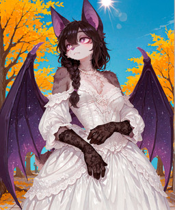 autumn autumn_leaves autumn_trees blue_sky braided_hair braided_ponytail clothed clothing dress female fluffy_fur glare gloves hair handwear inner_ear_fluff lace lace_armwear leaf looking_away membrane_(anatomy) membranous_wings messy_hair off_shoulder park ponytail purple_ears purple_eyes purple_wings scut_tail short_tail sky solo starry_wings sun tail tuft white_clothing wings loren_iipsum magna bat mammal hi_res