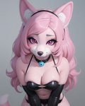 anthro areola areola_slip bedroom_eyes bell bell_collar belly big_eyes breast_squish breasts canid canine cleavage cleavage_overflow clothed clothing collar eyelashes female genny genny_(character) hair latex leaning leaning_forward looking_at_viewer mammal midriff narrowed_eyes navel pink_eyes pink_hair seductive simple_background skimpy solo squish underwear