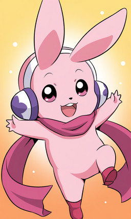 4_fingers black_eyes chibi clothing fingers footwear headphones joyful long_ears open_mouth pink_body scarf simple_background smile solo yiff_ai_(director) digimon digimon_tamers cutemon digimon_(species) hi_res