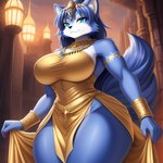 absurd_res anthro big_breasts blue_body blue_fur breasts canid canine clothed clothing female fox fur hi_res jackofgods jewelry krystal looking_at_viewer mammal seductive skimpy solo standing thick_thighs wide_hips