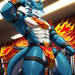 abs anthro bottomwear bulge clothing digimon_(species) flexing gym hi_res loincloth male muscular muscular_male nipples pup_tobey solo xveemon