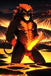 anthro balls demon felid fire genitals hi_res humanoid lava lion male mammal pantherine pecs penis pup_tobey solo