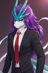 anthro blue_body blue_fur business_suit clothing fur hair looking_at_viewer male necktie purple_hair red_eyes red_necktie simple_background smile smiling_at_viewer solo suit angry_puppy mammal hi_res