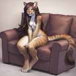 anthro brown_hair digitigrade female furniture golden_eyes hair long_hair nude simple_background sitting smile sofa solo tasteful_nudity director_crashbandit felid mammal pantherine novelai