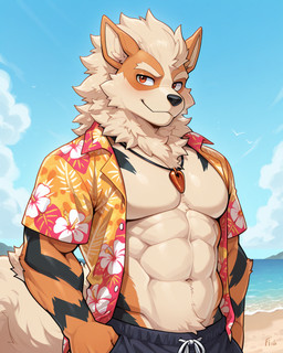 abs aloha_shirt anthro beach bottomwear broad_shoulders clothing fluffy fluffy_tail fur jewelry male muscular muscular_male neck_tuft necklace orange_body orange_fur pattern_clothing pattern_shirt pattern_topwear seaside shirt shorts sky solo topwear tuft alastorgj nintendo pokemon arcanine generation_1_pokemon pokemon_(species) hi_res