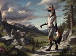 anthro black_nipples bottomwear brown_hair canid canine chest_tuft clothed clothing cloud degenstoic detailed detailed_background detailed_fur digitigrade dipstick_tail evergreen_tree female flat_chested fluffy fluffy_tail gloves_(marking) green_eyes hair hi_res landscape leg_markings mammal maned_wolf markings mountains navel neck_tuft nipples open_mouth pine_tree plant shorts slim smile socks_(marking) solo tail_markings topless topless_female tree tuft valley whiskers