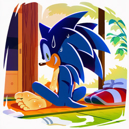 5_toes anthro blue_body blue_fur bodily_fluids clothing feet footwear fur green_eyes looking_at_viewer looking_back looking_back_at_viewer male shoes sitting smile socks solo sweat sweaty_body tail toes turkey_(director) sega sonic_the_hedgehog_(series) sonic_the_hedgehog eulipotyphlan hedgehog mammal novelai