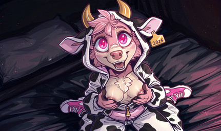 animal_print anthro bed breasts clothing cow_print exposed_breasts female footwear furniture hair high-angle_view horn kneeling kneeling_on_bed nipples open_mouth pajamas pink_eyes pink_hair shoes sleepwear sneakers solo neural_bunny canid canine mammal hi_res