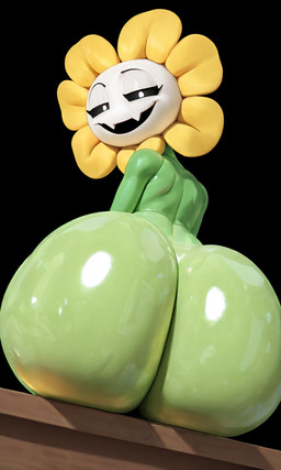 anthro big_butt butt butt_focus flower glistening glistening_body glistening_butt green_body huge_butt looking_back low-angle_view male plant sitting smile solo dcx32 undertale undertale_(series) flowey_the_flower hi_res tagme