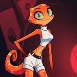 anthro blue_eyes bottomwear clothing crop_top curled_tail female flip freckles navel orange_body shirt shorts simple_background skinny slim solo sweater topwear turtleneck director_veprem hazbin_hotel fan_character chameleon demon lizard reptile scalie