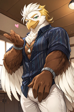 4_fingers <3 anthro blue_clothing bottomwear bracelet brown_body clothing feathers fingers green_eyes jewelry male mouth_closed muscular necklace pants solo white_body white_bottomwear white_clothing white_feathers white_pants knock50927 tokyo_afterschool_summoners thunderbird_(tas) accipitrid accipitriform avian bird eagle hi_res