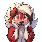 anotherarcticfox anthro blush blushing_profusely breasts canid cleavage clothed clothing fangs female generation_7_pokemon hand_on_face lycanroc mammal midnight_lycanroc neck_tuft open_mouth pokemon_(species) solo tongue tuft wide_eyed yandere