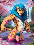 anthro armlet balls blue_eyes blue_mane blue_pubes bracelet cherry_blossom countershading ear_piercing ear_ring foreskin freckles fur garden genitals humanoid_genitalia humanoid_penis jewelry light_body light_countershading male mane navel nipples nude outside paint partially_submerged penis piercing plant pond pubes ring_piercing smile smug solo spots spotted_body spotted_fur standing_in_water tan_body tan_fur waterfall hamgas_(director) hamgas felid lion mammal pantherine hi_res