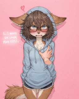anthro blush bottomwear breast_grab breast_squish breasts clothing eyewear female first_person_view floating_heart glasses groping hand_on_breast hoodie looking_down male male_pov nerd nervous shorts shy skinny small_breasts solo squish topwear arantonak canid canine canis coyote human mammal hi_res