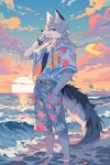 anthro beach bottomwear bracelet clothing cloud fur fur_tuft jacket jewelry male niji_journey pattern_bottomwear pattern_clothing pattern_topwear sea seaside ship shorts solo sunset topwear tuft vehicle water watercraft spacetime933 avian canid canine mammal hi_res