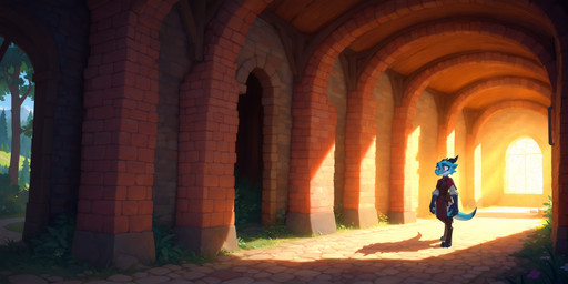 anthro belt blue_body blue_claws blue_fur blue_horn bored_expression brick_floor brick_wall claws clothing female fur grass horn inside landscape leather leather_clothing looking_away medieval_clothing medieval_fantasy path plant red_eyes solo tree walking wall_(structure) window window_light adragocult furred_kobold kobold absurd_res hi_res