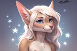 anthro blue_eyes female fur hair happy nipple_slip solo star tan_body tan_fur white_body white_fur white_hair auykac canid canine canis jackal mammal absurd_res hi_res portrait