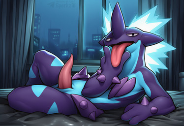 3_fingers animal_genitalia animal_penis anthro bed bedroom_eyes biped blue_body city curtains erection fingers furniture genital_slit genitals gesture inside looking_at_viewer lying male male_anthro narrowed_eyes night nude on_back on_bed open_mouth penis purple_body seductive slit solo spikes spikes_(anatomy) suggestive suggestive_gesture tapering_penis telegram telegram_logo text tongue tongue_between_fingers tongue_out window sergalbutt nintendo pokemon generation_8_pokemon low_key_toxtricity pokemon_(species) toxtricity director_name signature url
