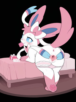 anus bed blush bow_(anatomy) clitoris clothed clothing condom condom_in_mouth female feral furniture genitals gift gift_box grey_eyes inviting inviting_to_sex leg_markings legwear looking_at_viewer looking_back markings panties panties_down partially_clothed pattern_clothing pattern_underwear pawpads paws pink_body pussy ribbons_(anatomy) seductive sexual_barrier_device simple_background socks_(marking) solo spread_pussy spreading striped_clothing striped_underwear stripes underwear underwear_down white_body orionbonnie nintendo pokemon eeveelution generation_6_pokemon pokemon_(species) sylveon