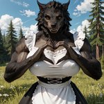 anthro big_breasts breasts claws clothing cloud eyebrows female forest gesture grass hand_heart huge_breasts looking_at_viewer maid_uniform muscular nipple_outline plant raised_eyebrows smile solo tree uniform natox skyrim_werewolf canid canine mammal were werecanid werecanine werewolf