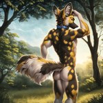 absurd_res african_wild_dog anthro bumblebee95 butt canid canine collar detailed detailed_background detailed_fur fluffy fluffy_tail hi_res looking_at_viewer looking_back looking_back_at_viewer male mammal muscular realistic rear_view solo