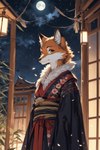 anthro asian_clothing black_ear_tips black_nose clothing cloud east_asian_clothing female fur fur_collar inner_ear_fluff japanese_architecture japanese_clothing kimono lamp lantern looking_at_viewer moon night orange_body orange_fur solo tuft yellow_eyes damion_moore canid canine fox mammal hi_res