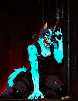4_fingers aged_up armor blood blood_on_face blue_body blue_fur bodily_fluids boots bottomwear breasts breath bullet bulletproof_vest claws cleavage clothed clothing eye_scar facial_scar female fingers footwear fur gun handgun holding_gun holding_object holding_weapon kneeling on_one_knee open_mouth pants pistol ranged_weapon scar smoke solo tail teeth tired tongue tuft weapon wounded unknown_director bluey_heeler australian_cattle_dog canid canine canis cattledog domestic_dog herding_dog mammal pastoral_dog hi_res
