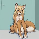 4_toes 5_fingers anthro areola areola_slip arm_support black_nose black_pawpads blonde_hair breasts brown_eyes chest_tuft claws countershading facial_tuft feet female fingers fluffy fluffy_tail fur genitals glistening glistening_lips hair huge_tail innie_pussy knees_together lips looking_up multicolored_ears natural_breasts navel nude orange_body orange_fur pawpads presenting presenting_pussy pussy shadow simple_background sitting solo thigh_gap toe_claws toes tuft white_body white_countershading numeradin canid canine fox mammal hi_res