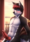 abs animal_genitalia animal_penis anthro blue_eyes blush canid canine canine_penis fox genitals knot looking_at_viewer male mammal navel penis red_penis solo thisotterdoesknotexist