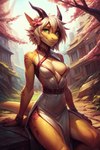 anthro belt cherry_tree close-up clothing dress female fruit_tree fur green_eyes hair horn looking_at_viewer plant scales short_hair sitting slim solo tree white_clothing white_dress white_hair yellow_body potca sunny_(lichking127) humanoid kobold hi_res