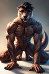 abs andromorph anthro biceps black_hair brown_eyes crossgender crouching dark_brown_fur genitals hair intersex muscular muscular_anthro pecs pussy short_hair solo triceps veiny_arms veiny_biceps veiny_muscles hellapoc deni lutrine mammal mustelid