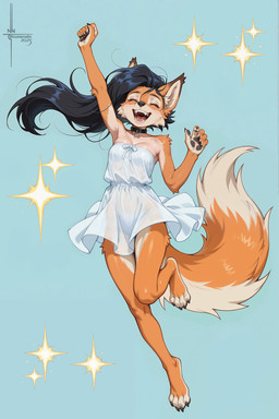 4_toes 5_fingers anthro black_hair black_nose black_pawpads breasts clothing collar countershading cute_fangs dress eyes_closed facial_tuft feet female fingers fluffy fluffy_tail fur glistening hair happy huge_tail jumping laughing natural_breasts open_mouth orange_body orange_fur panties pawpads pose simple_background solo sparkles sundress teeth toes translucent tuft underwear white_body white_countershading numeradin anya_(numeradin) canid canine fox mammal full-length_portrait hi_res portrait