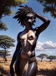 africa anthro black_body black_nipples black_scales breasts female hi_res kobold looking_at_viewer marcus64 multicolored_body navel nipples non-mammal_breasts non-mammal_nipples savanna scales scalie solo standing tribal_clothing two_tone_body