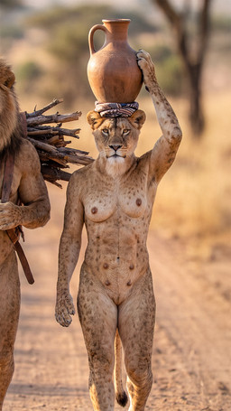 anthro breasts casual_nudity dirt_path female genitals male mane multi_nipple nipples nude outside photorealism pussy realistic realistic_fur solo tasteful_nudity teats tribal tribalcat hi_res