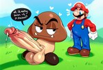<3 anthro balls big_balls big_penis blue_eyes blush bodily_fluids clothed clothing dialogue dripping duo erection facial_hair footwear genital_fluids genitals gloves grass handwear hat headgear headwear huge_balls huge_penis humanoid_genitalia humanoid_penis hyper hyper_genitalia hyper_penis male mustache open_mouth overalls penis plant precum precum_drip red_clothing red_headwear shoes speech_bubble sweat text text_on_clothing text_on_hat text_on_headwear topwear vein veiny_penis white_clothing white_gloves white_handwear hellsonger mario_bros nintendo mario goomba human mammal scalie english_text